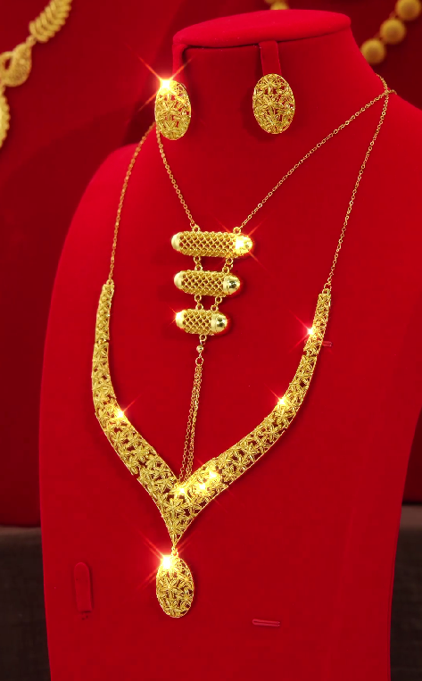 18K Gold-Plated Alloy Bridal Eternity Series 2-Piece Jewelry Set (Necklace + Earrings)