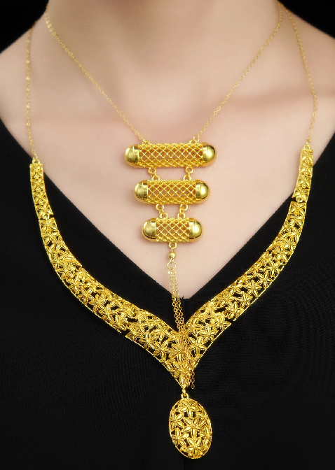 18K Gold-Plated Alloy Bridal Eternity Series 2-Piece Jewelry Set (Necklace + Earrings)